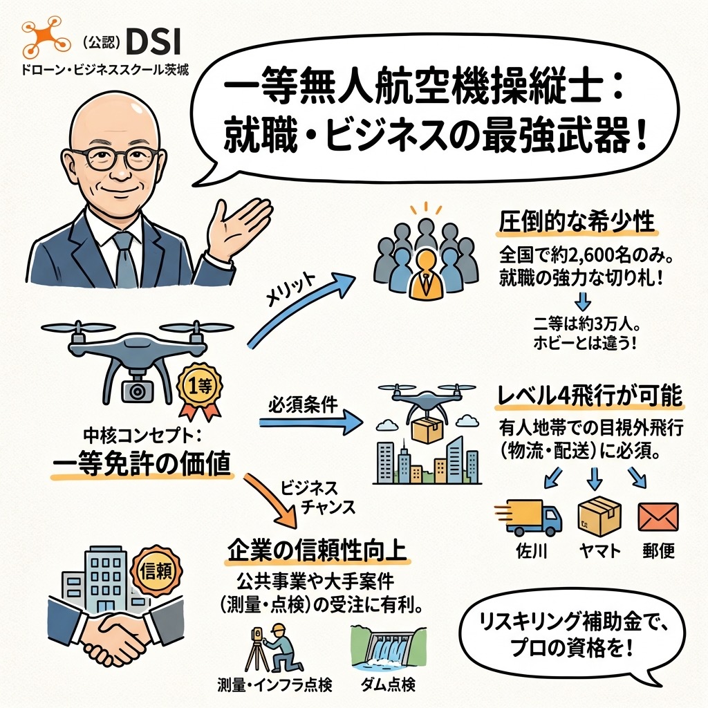 （公認）DSI ドローン・ビジネススクール茨城が解説する一等無人航空機操縦士の価値。就職やビジネスに強い希少資格であり、レベル4飛行や物流・点検業務に必要なスキルをわかりやすく図解している